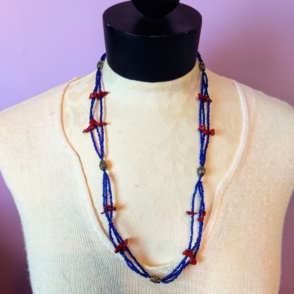 Piece #12 "Ocean Ruins" Red Coral & Blue Necklace - Picture 3 of 4